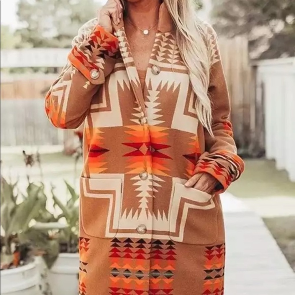Boho Western Print Native Peacoat Camel Orange Jacket Oversized - Picture 4 of 9